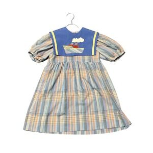 VTG Kids Blue Plaid Nautical Ship Applique Dress 3T by Chocolate Soup